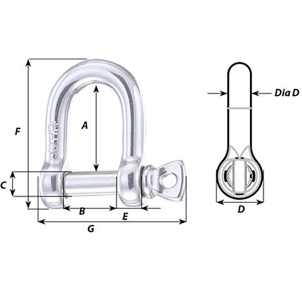 Wichard HR D Shackle 15/64 inch diameter stainless steel with dimensions diagram