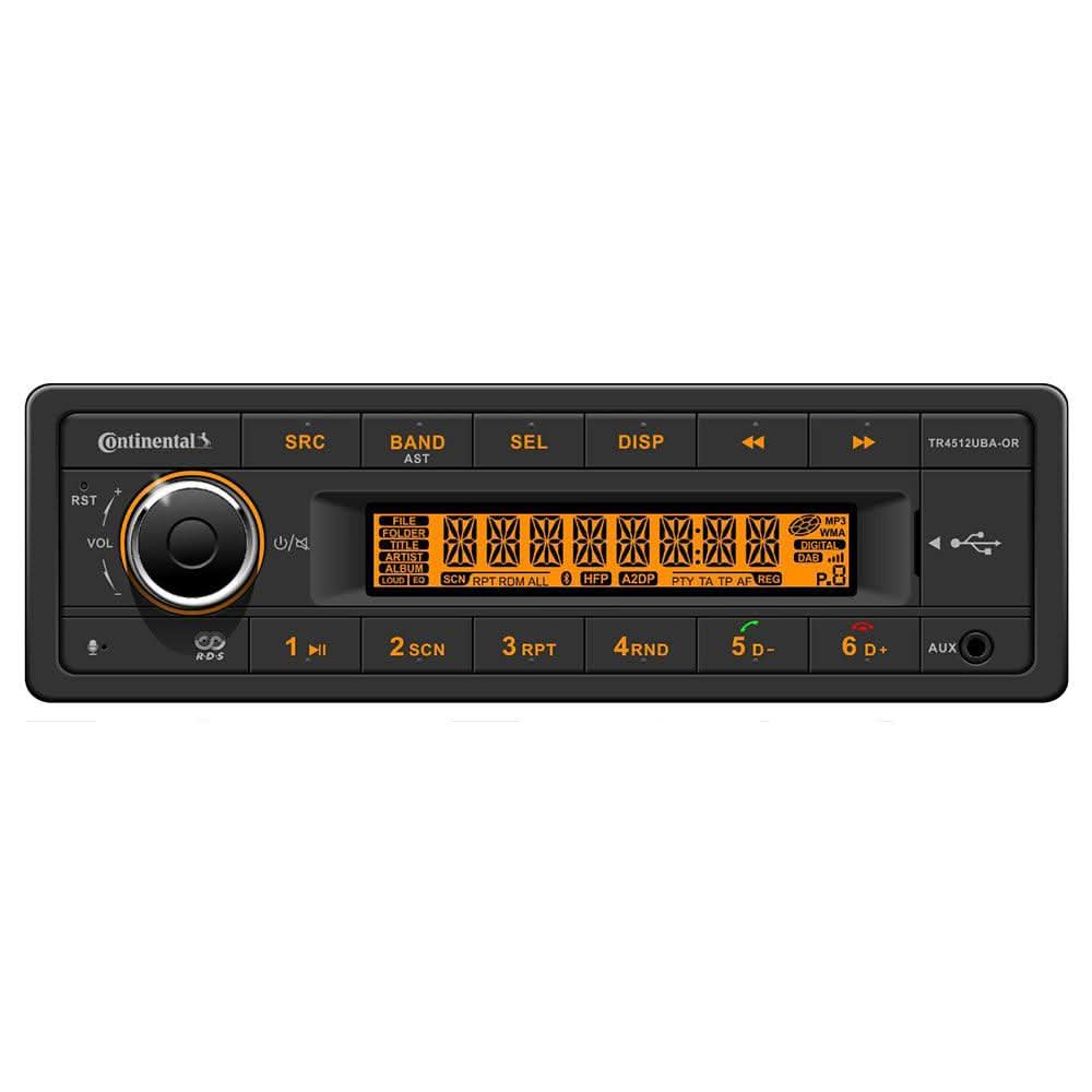 Continental TR4512UBA-OR 12V single-DIN stereo with AM/FM, Bluetooth, USB, PA system, and orange backlit display
