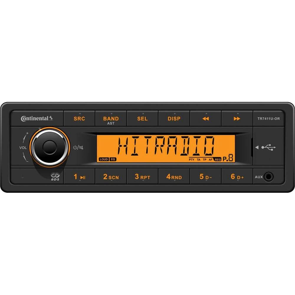 Continental Stereo TR7411U-ORK single-din AM/FM radio with USB, AUX, and orange backlit display