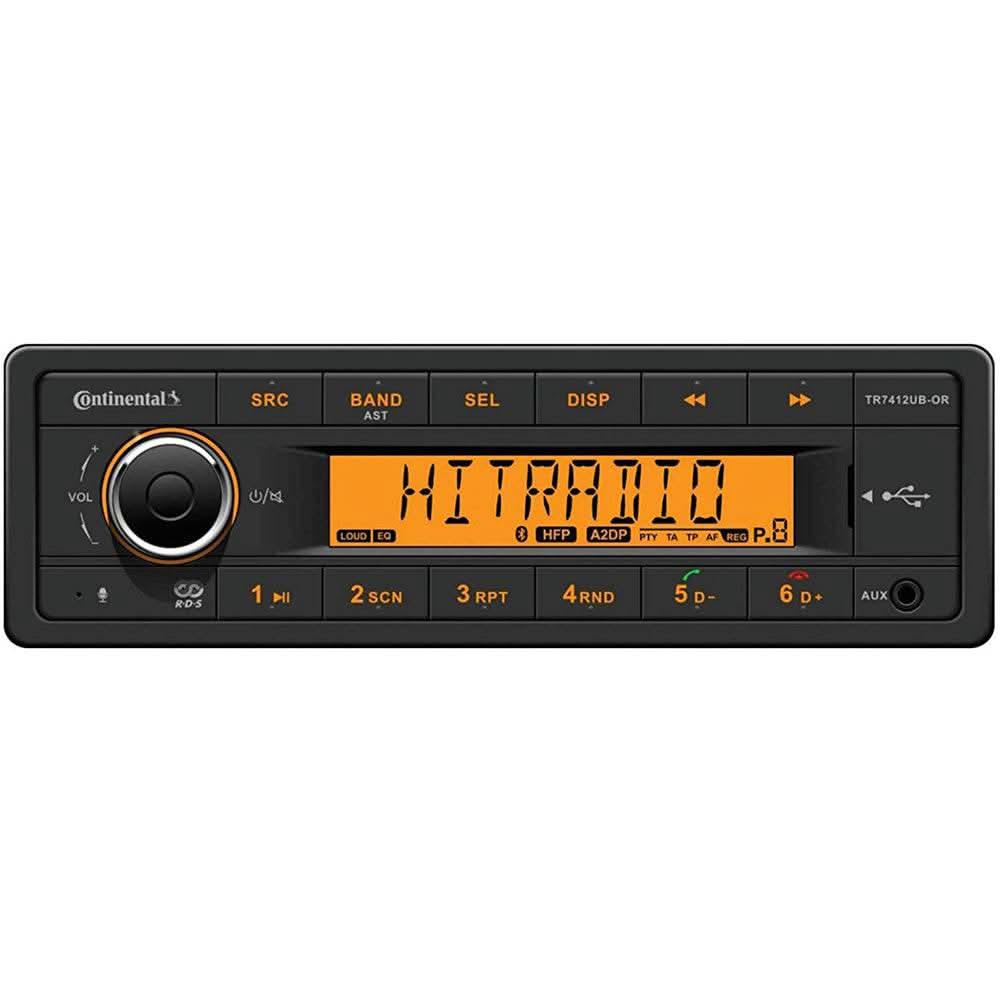 Continental TR7412UB-ORK 12V stereo with AM/FM, Bluetooth, USB, orange display, and wiring harness included