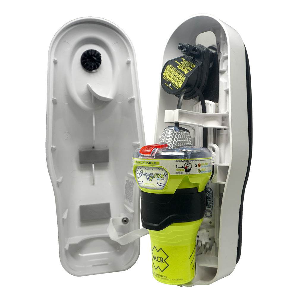 ACR GlobalFix V6 EPIRB emergency beacon with Return Link Service and Near Field Communication in open white float-free bracket