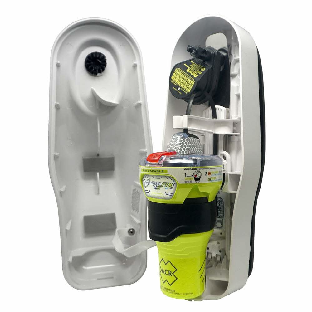 ACR GlobalFix V6 EPIRB emergency beacon in white and yellow casing with open bracket mount