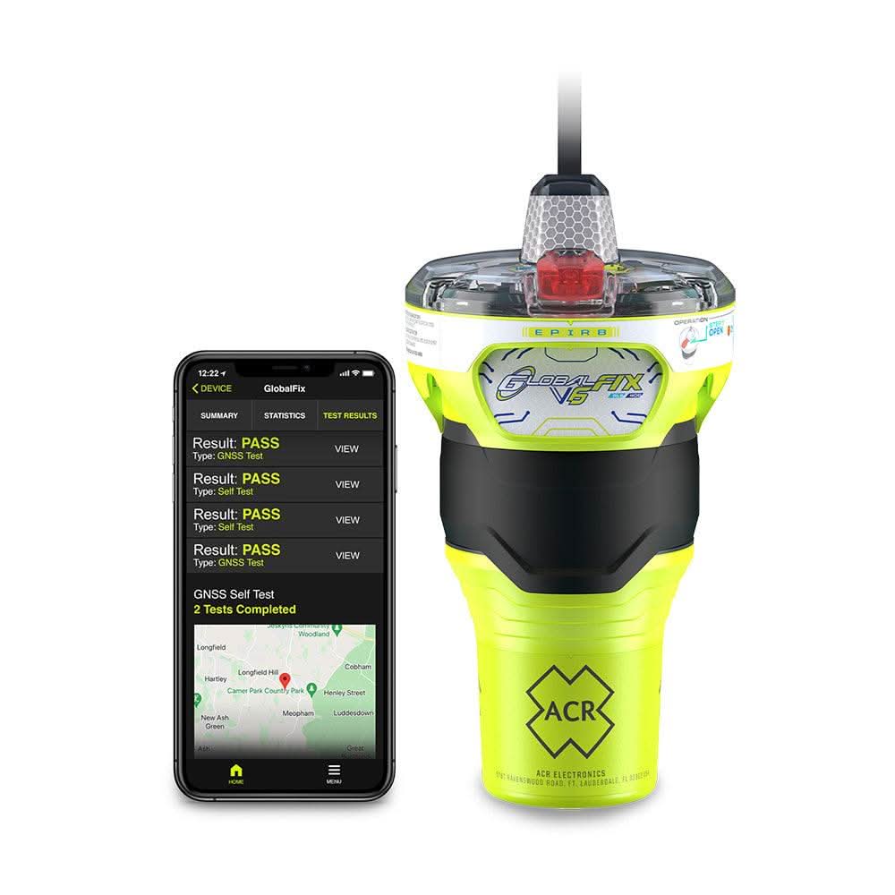 ACR GlobalFix V6 EPIRB emergency beacon with smartphone app showing device diagnostics and GPS tests