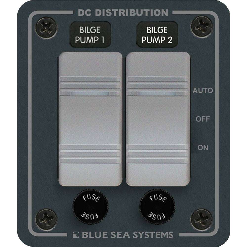 Blue Sea 8664 Contura 2 Bilge Pump Control Panel with rocker switches and fuse holders for 12/24V DC marine use