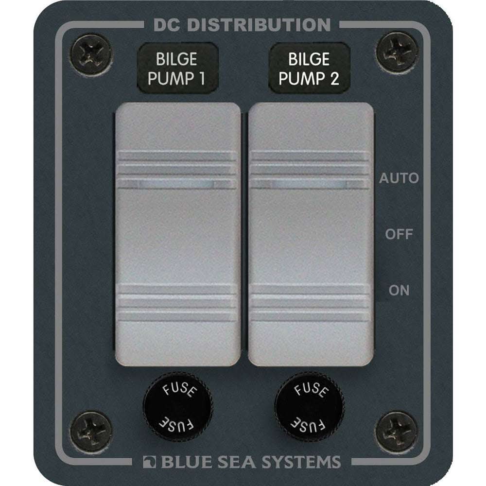 Blue Sea 8664 Contura 2 Bilge Pump Control Panel with rocker switches and fuse holders for 12/24V DC marine use