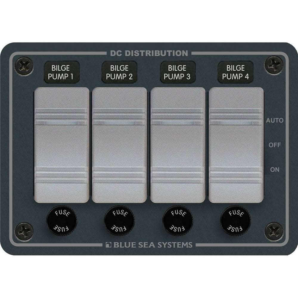 Blue Sea 8666 Contura 4 bilge pump control panel with rocker switches and fuse holders for 12/24V systems