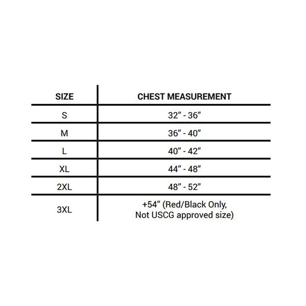 First Watch AC-1100 flotation coat size chart with chest measurements in inches for S to 3XL sizes