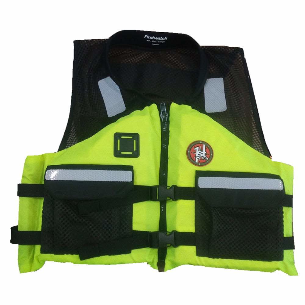 First Watch AV-5001 hi-vis yellow crew vest with mesh backing and dual pockets small to medium
