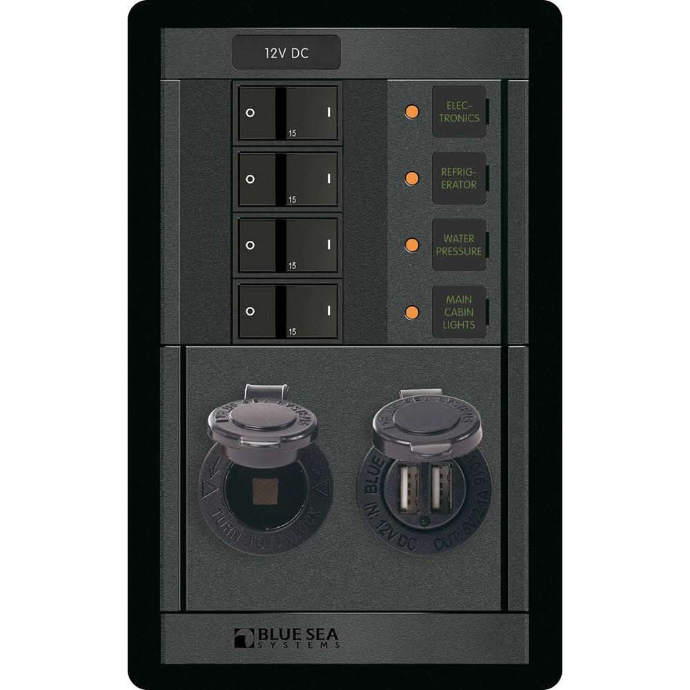 Blue Sea 1495 360 Panel with 4 position 12V breakers, dual USB ports, and 12V socket for DC power management