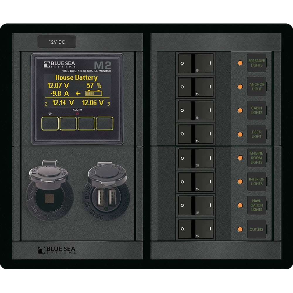 Blue Sea 1497 360 Panel with 8 Position 12V Flat Rocker M2 Multimeter, SOC display, dual USB and 12V socket