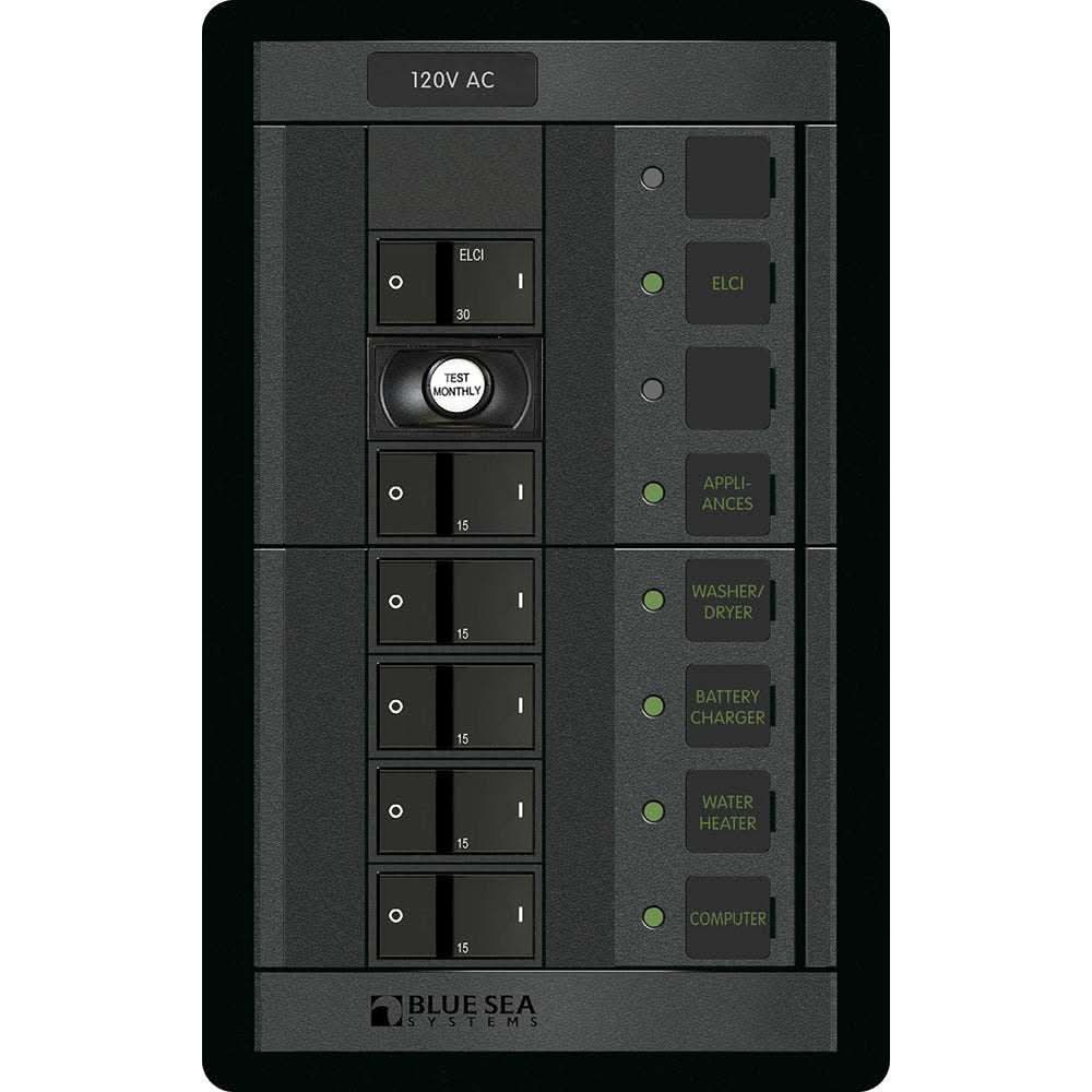 Blue Sea 1503 marine battery management panel with ELCI and five 120V AC flat rocker breakers