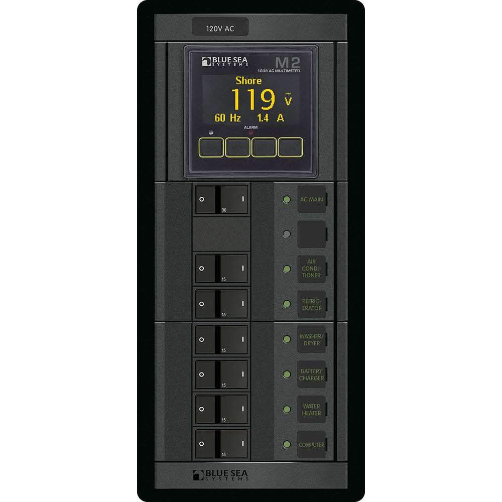 Blue Sea 1505 360 Panel with 6 position 120V AC flat rocker switches and M2 AC multimeter display