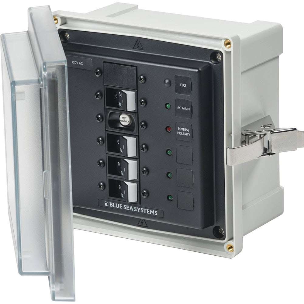 Blue Sea 3128 SMS panel enclosure with ELCI 30A main and 3 branch 15A breakers, 120V AC, clear cover and stainless steel latch