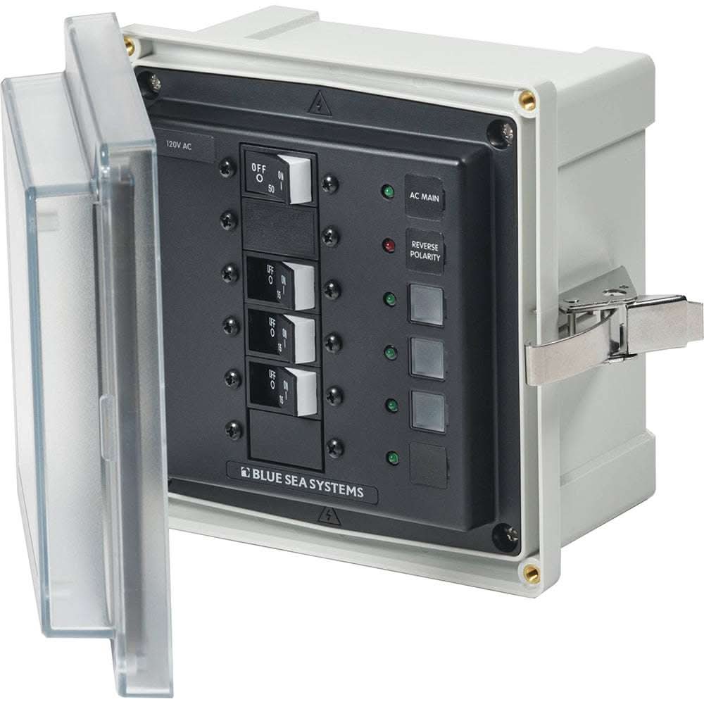 Blue Sea 3130 SMS panel enclosure with main and three branch circuit breakers, transparent cover, and status LEDs