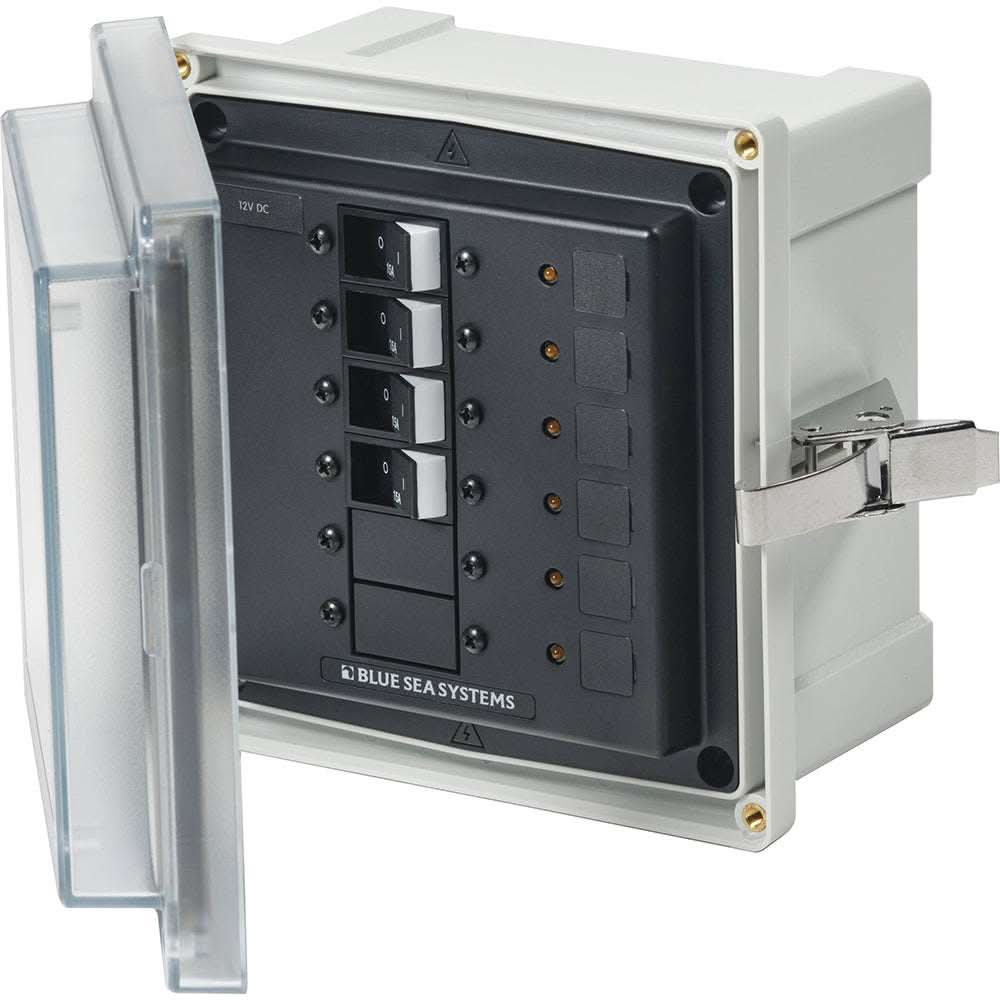 Blue Sea 3134 SMS Panel Enclosure with 4 branch circuit breakers and clear protective cover