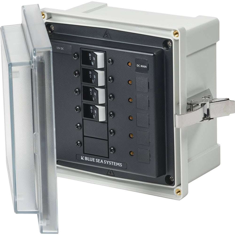 Blue Sea 3135 SMS panel enclosure with UL main and 3 branch circuit breakers, clear cover, and stainless steel latch