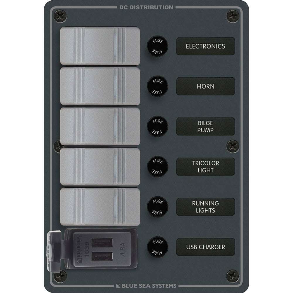 Blue Sea 8121 5-position Contura switch panel with dual USB chargers and waterproof gasket for 12/24V DC systems