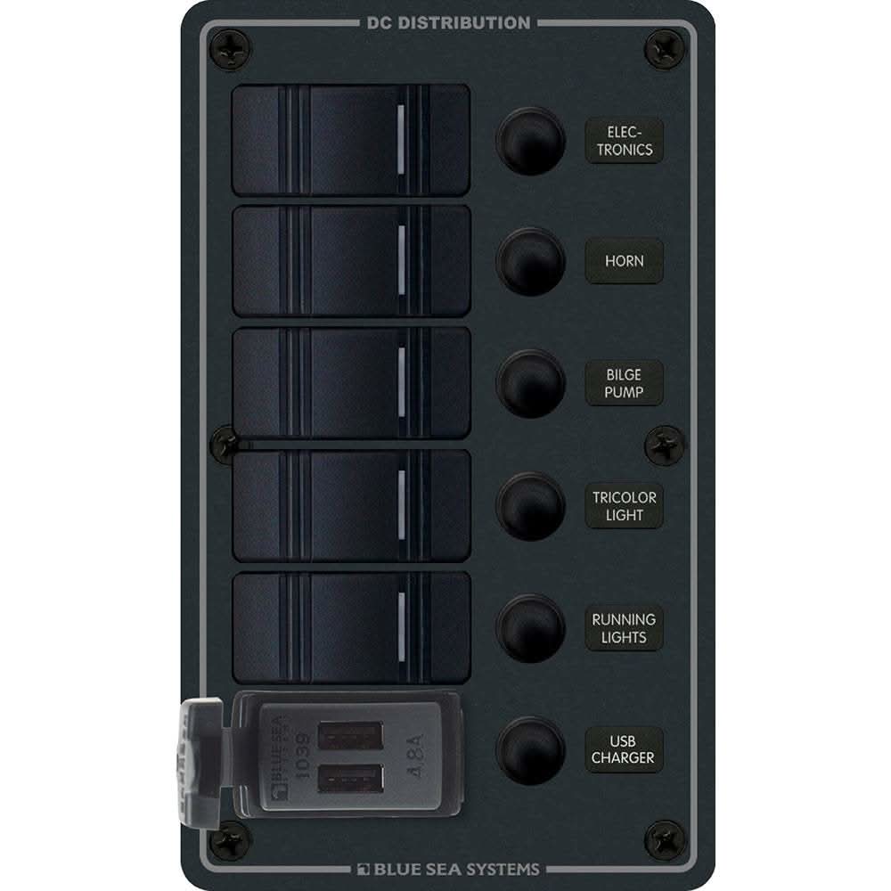 Blue Sea 8521 5 Position Contura Switch Panel with Dual USB Chargers black waterproof marine electrical panel