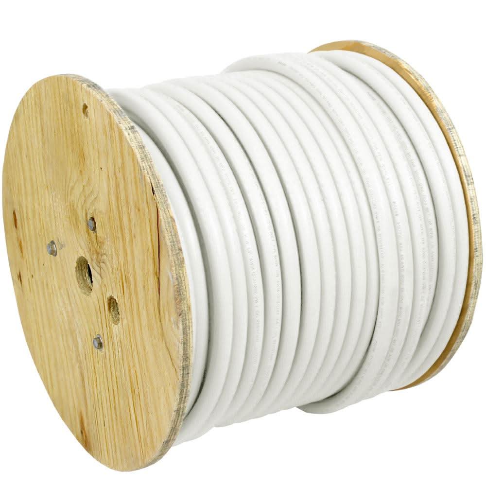 Pacer White 250' 6 AWG marine battery cable on wooden spool, flexible and durable with tinned copper and PVC insulation