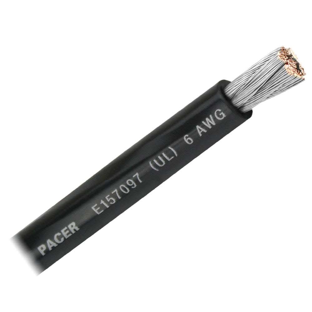 Pacer Black 6 AWG marine battery cable with flexible PVC insulation and tinned copper conductor sold by the foot