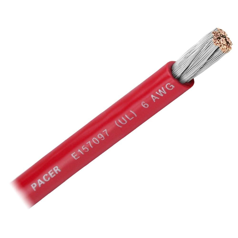 Pacer Red 6 AWG flexible marine battery cable with tinned copper strands and durable PVC insulation, sold by the foot