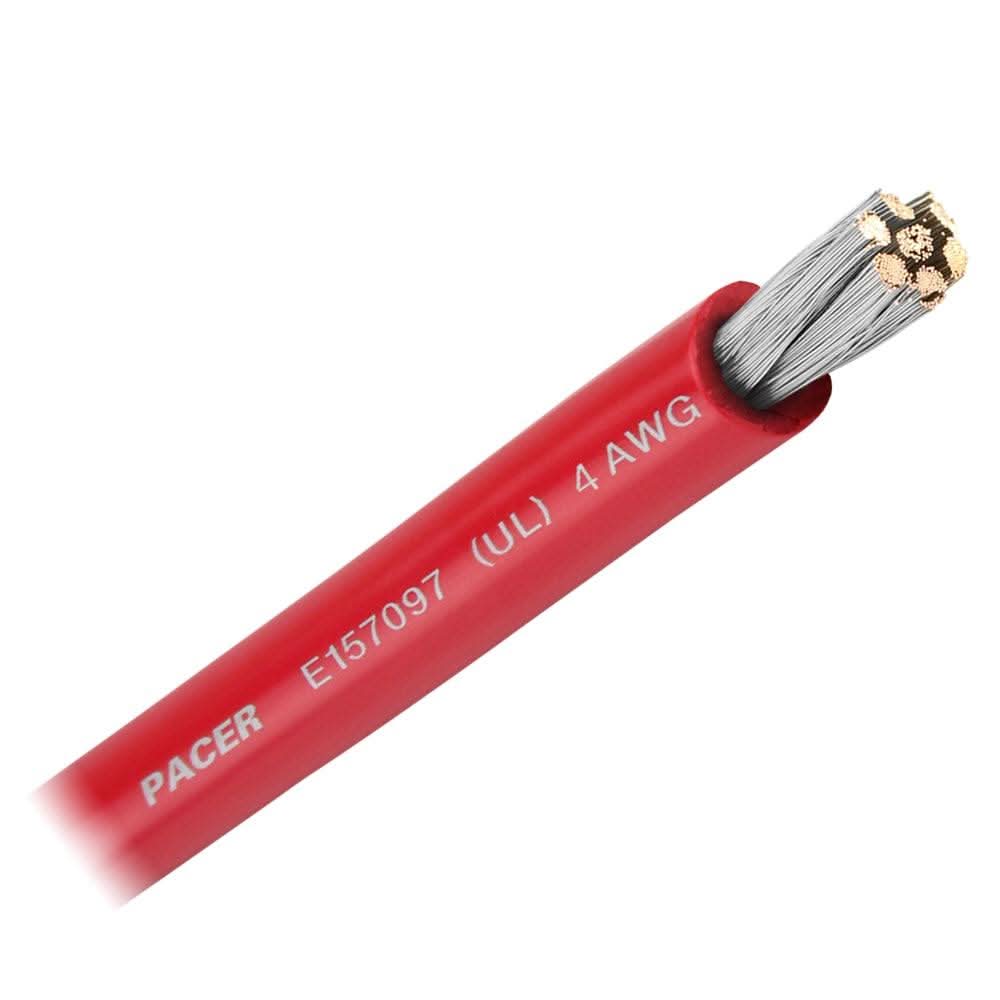 Pacer Red 4 AWG battery cable with flexible tinned copper and durable red PVC insulation, sold by the foot