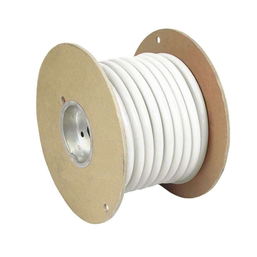 Pacer White 2 AWG 50-foot marine battery cable on spool with flexible white PVC insulation