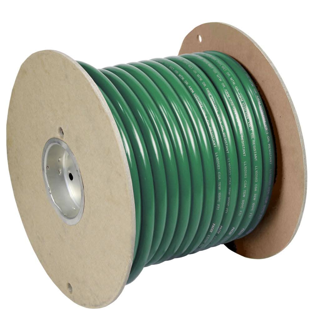 Pacer Green 2 AWG Battery Cable 100ft on a spool, flexible marine-grade PVC insulated copper wire
