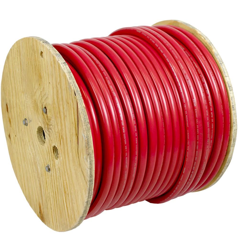 Pacer Red 2 AWG marine battery cable on wooden spool, 250 feet long, flexible durable PVC insulated