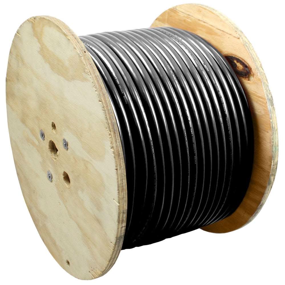 Pacer Black 2 AWG Battery Cable on wooden spool, flexible marine cable with PVC insulation, 500 feet length