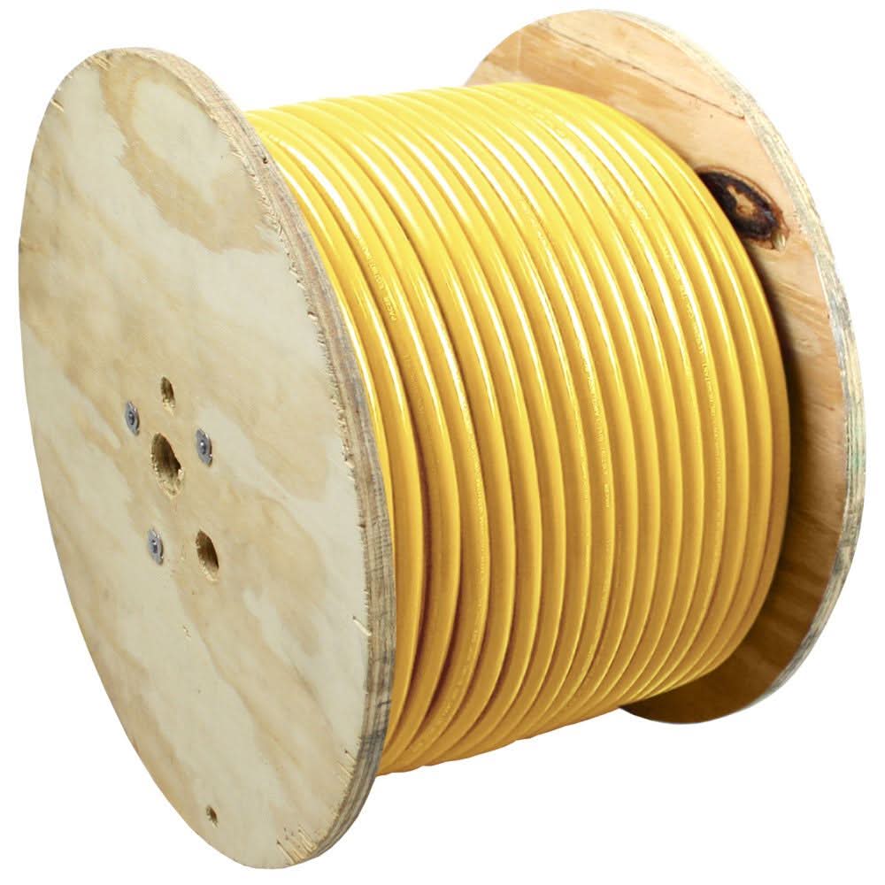 Pacer Yellow 2 AWG marine battery cable on wooden spool, 500 feet length, flexible PVC insulated, tinned copper conductor