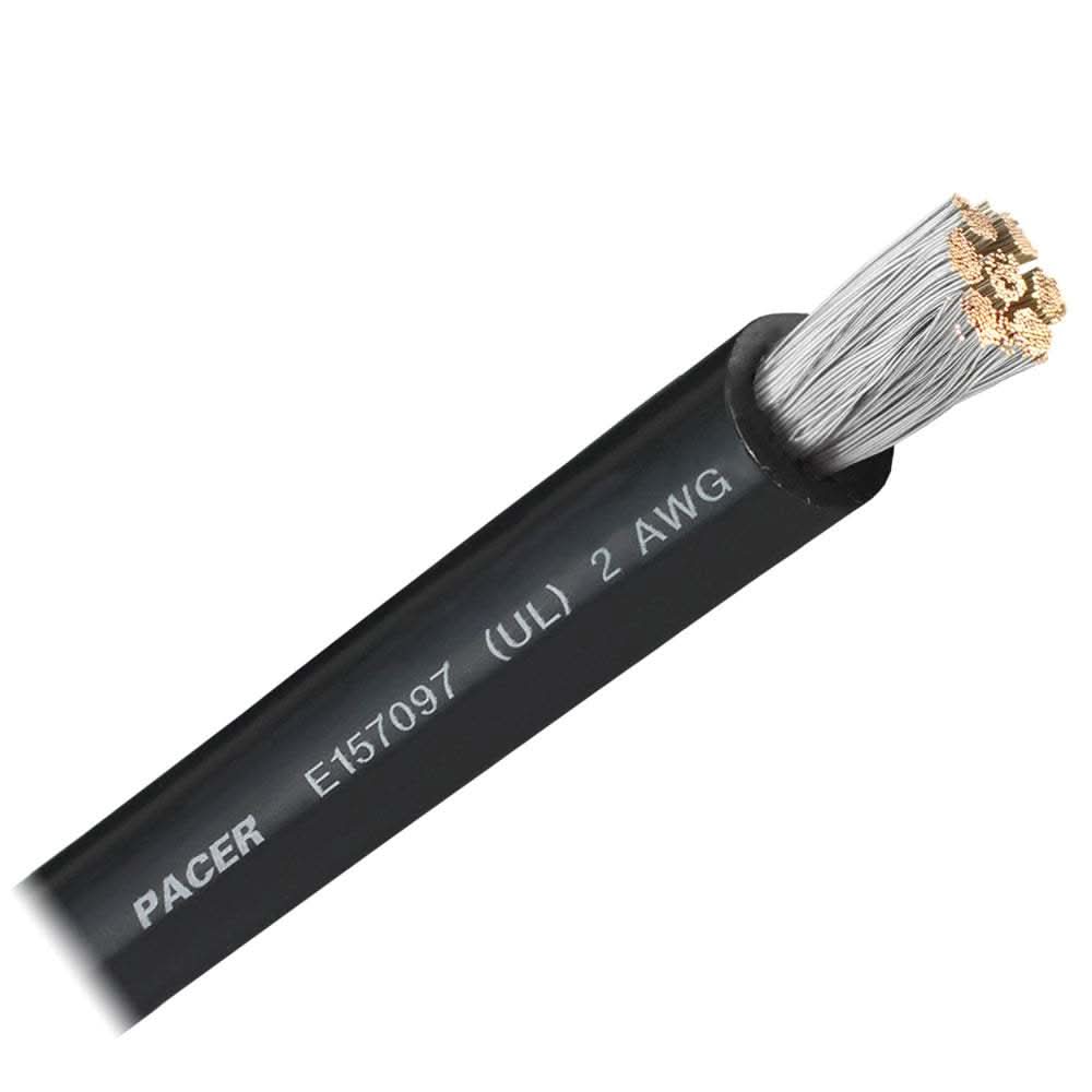Pacer Black 2 AWG marine battery cable with flexible tinned copper and durable PVC insulation sold by the foot