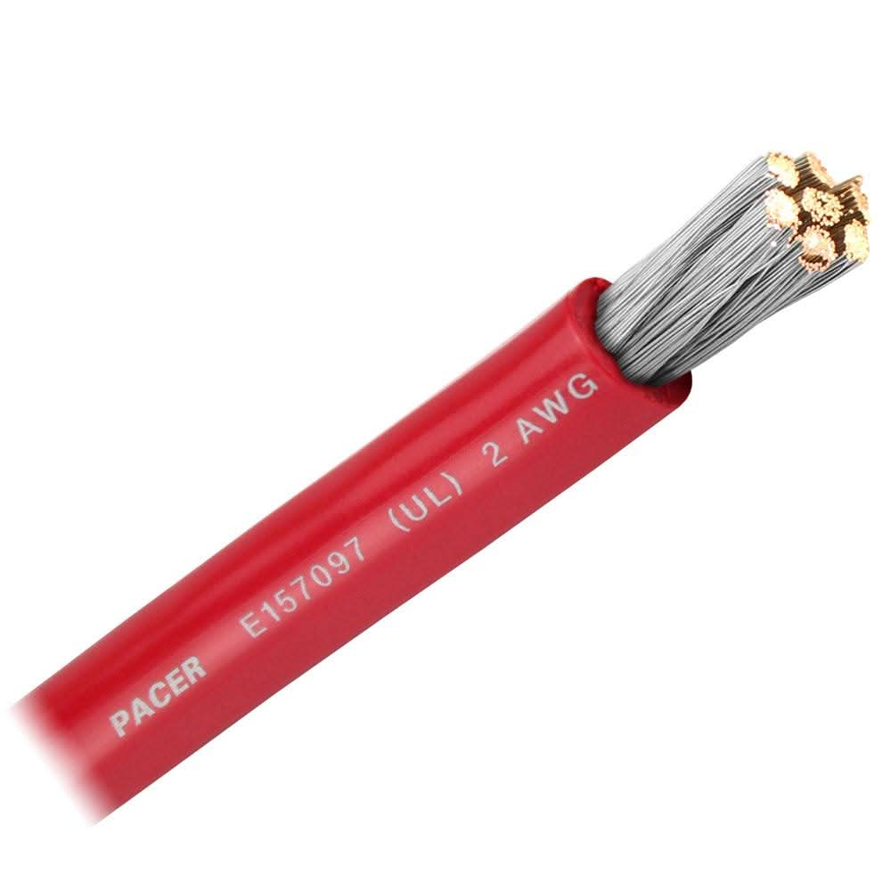 Pacer Red 2 AWG marine battery cable with flexible tinned copper and durable PVC insulation sold by the foot
