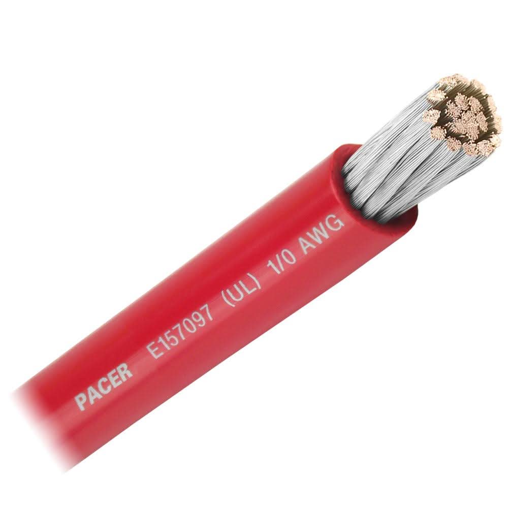 Pacer Red 1/0 AWG marine battery cable with flexible PVC insulation and tinned copper conductor sold by the foot