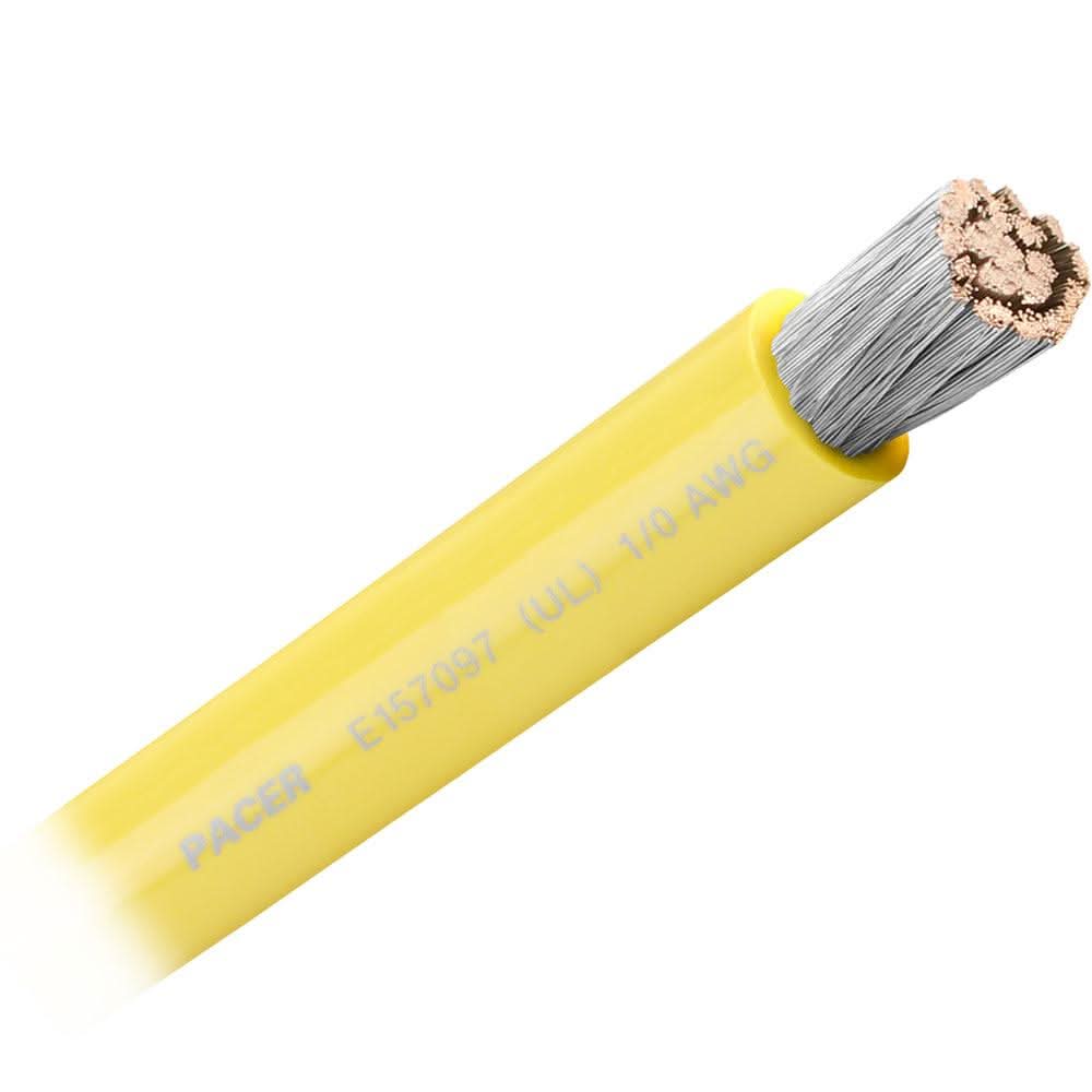 Pacer Yellow 1/0 AWG Battery Cable with flexible tinned copper strands and durable PVC insulation sold by the foot