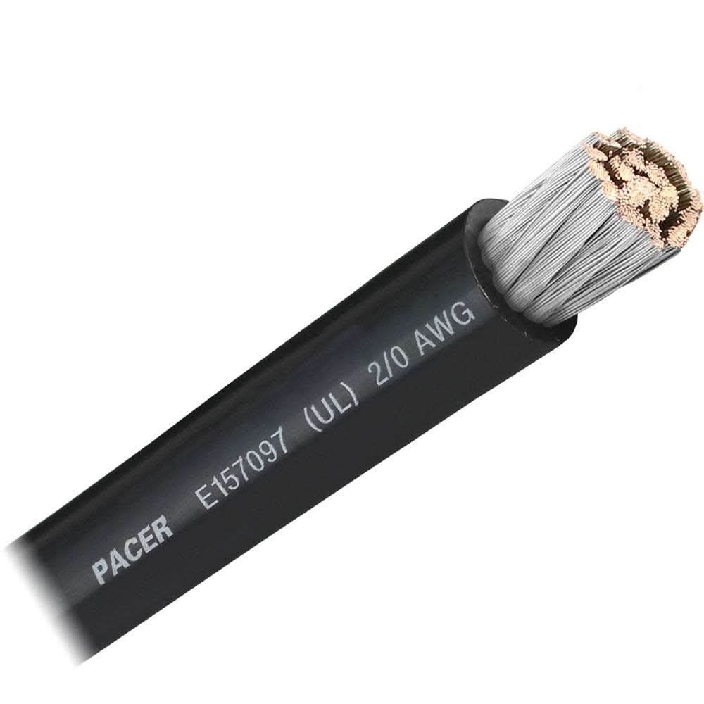 Pacer Black 2/0 AWG flexible marine battery cable with tinned copper and PVC insulation sold by the foot