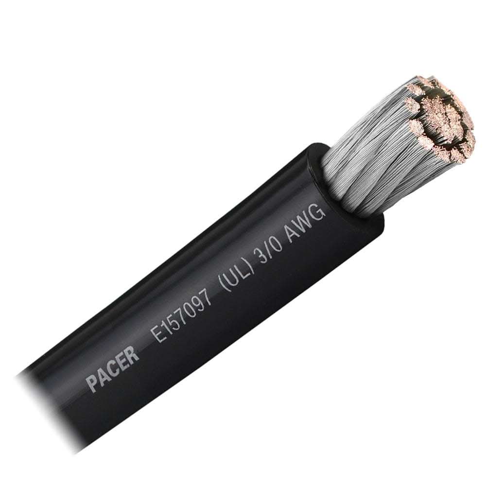 Pacer Black 3/0 AWG flexible marine battery cable with tinned copper and PVC insulation, sold by the foot