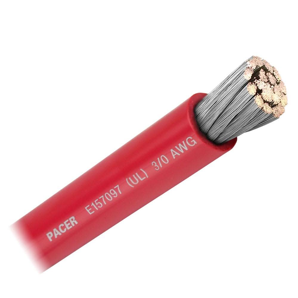 Pacer Red 3/0 AWG flexible marine battery cable with tinned copper conductor and durable PVC insulation sold by the foot