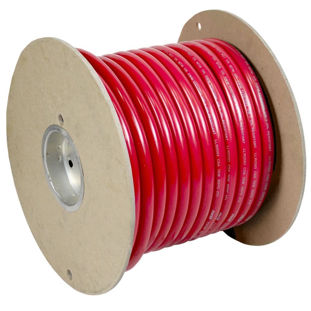 Pacer Red 4/0 AWG battery cable on spool, 100 feet long, flexible marine-grade PVC insulation