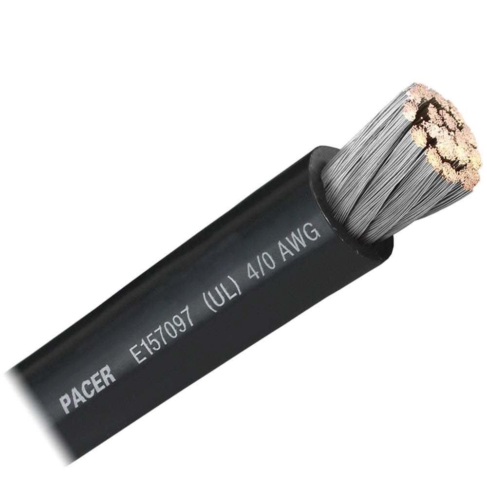 Pacer Black 4/0 AWG flexible marine battery cable with tinned copper and PVC insulation sold by the foot