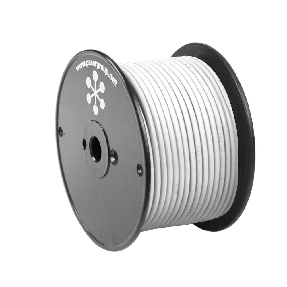 Spool of Pacer White 18 AWG primary marine wire 100 feet long with durable PVC insulation
