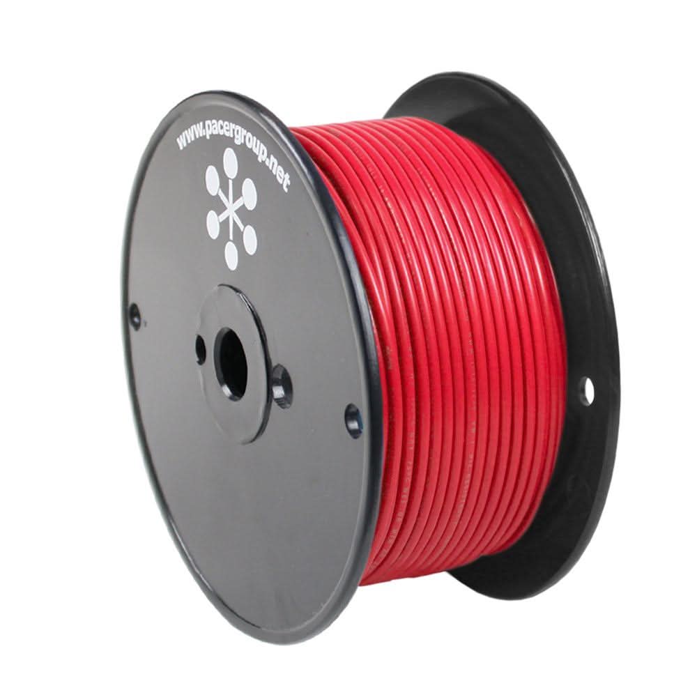 Pacer Red 18 AWG primary marine wire on black spool, 250 feet, flexible tinned copper with durable PVC insulation