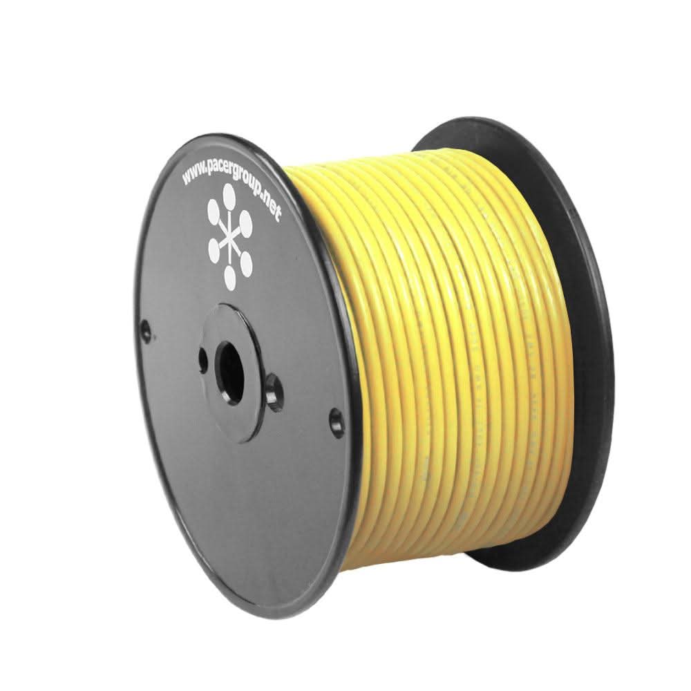 Pacer Yellow 16 AWG Primary Wire spool, 100 feet, marine-grade, flexible tinned copper wire with durable yellow PVC insulation.