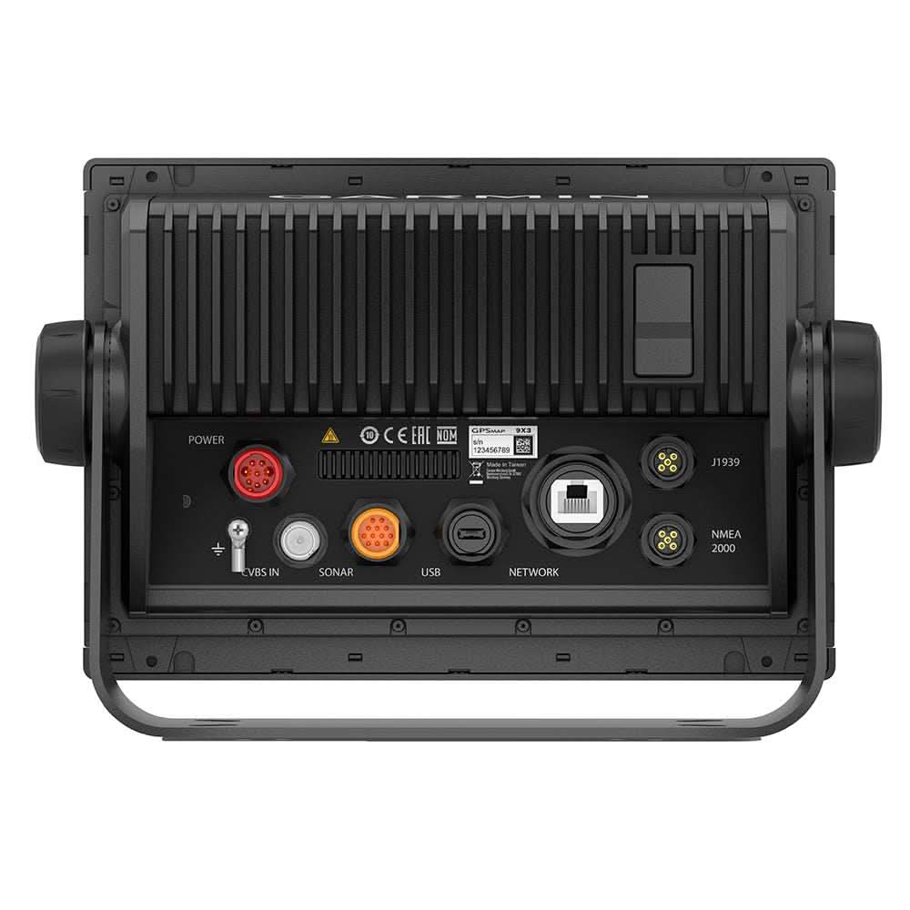 Garmin GPSMAP 943xsv rear view with connectivity ports for power, sonar, USB, network, J1939, and NMEA 2000