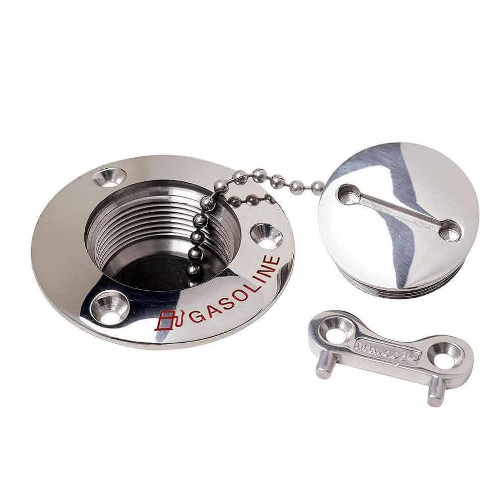 Attwood Gasoline Deck Fill 1-1/2 inch stainless steel with red gasoline label and attached cap chain