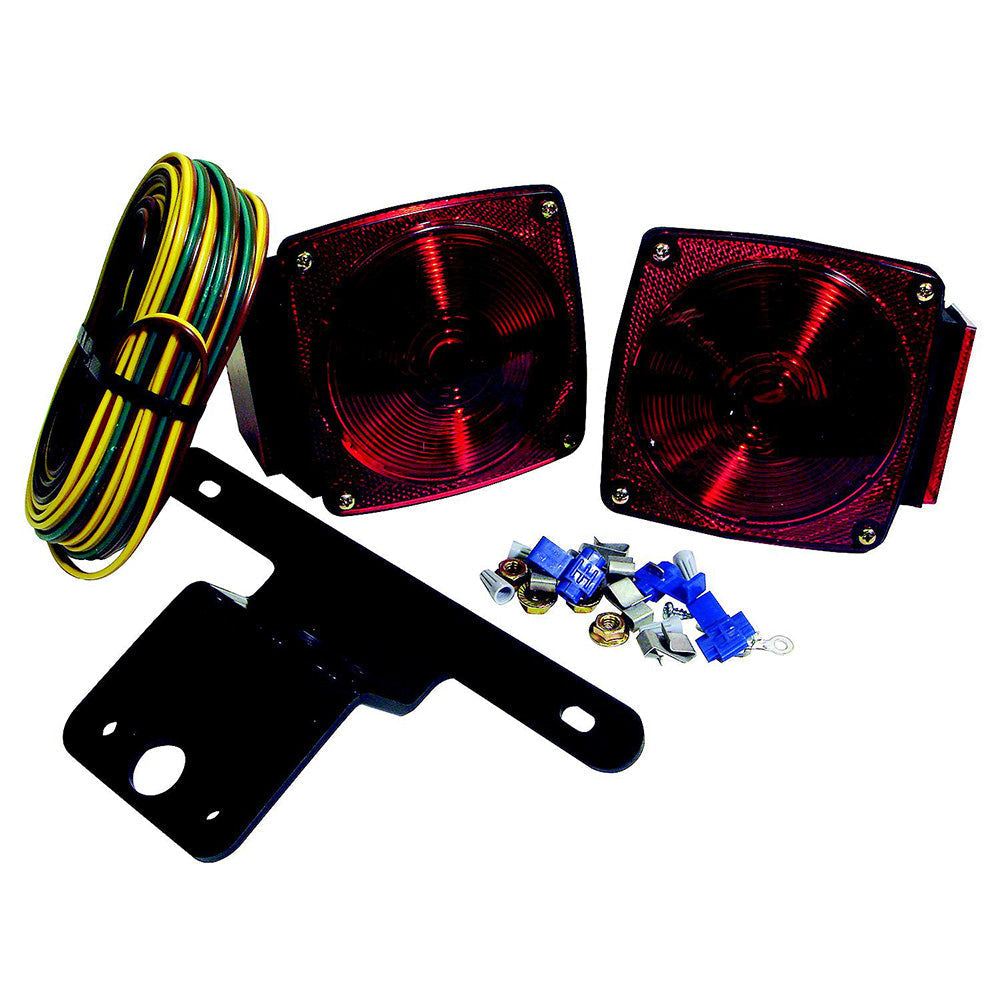 Attwood Submersible Trailer Light Kit with 8-function stop, tail, turn lights, wiring harness, and license plate bracket for trailers under 80 inches wide