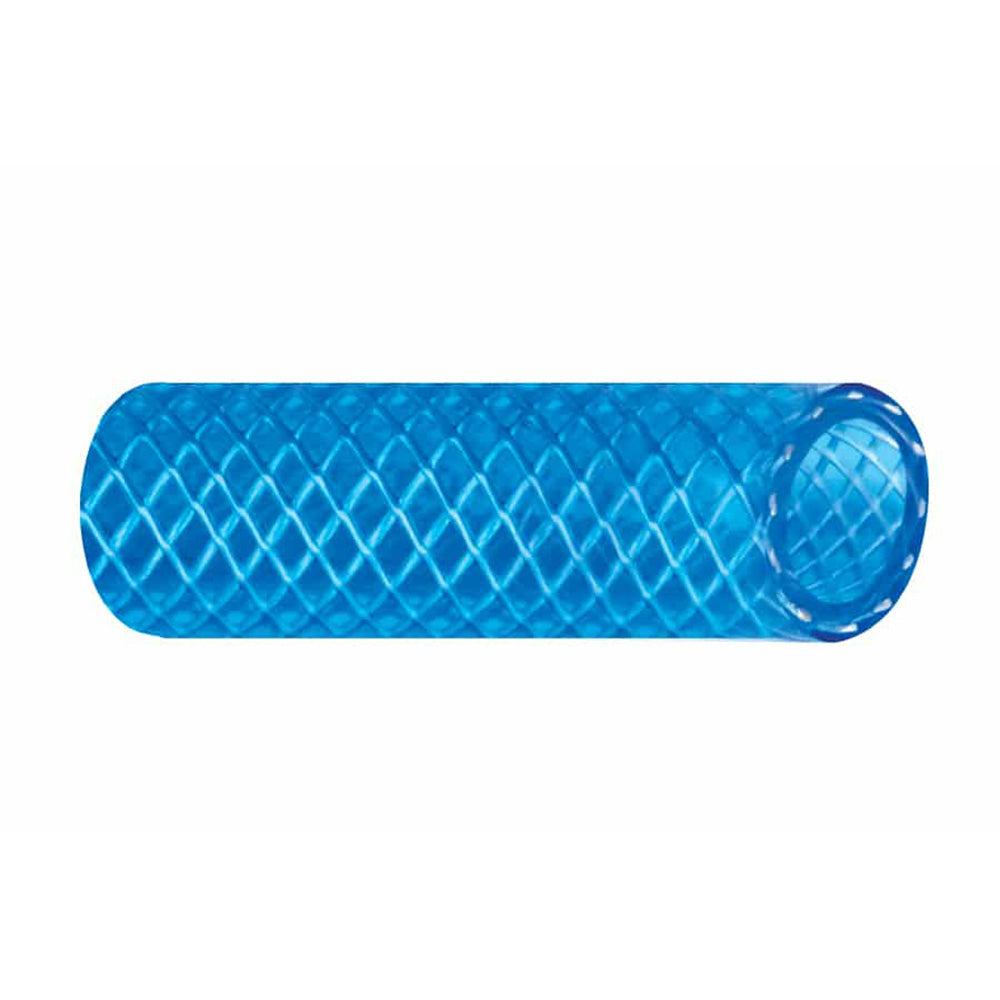 Translucent blue reinforced PVC hose for cold water feed lines, 1/2 inch diameter, 50 feet length, FDA approved and durable.