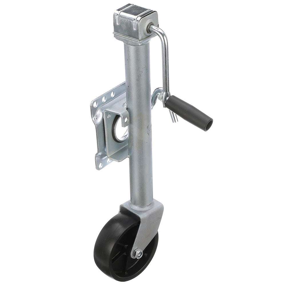 Attwood fold-up trailer jack with 1000 lb capacity, zinc-plated steel, single 6-inch polypropylene wheel, 24-inch lift.