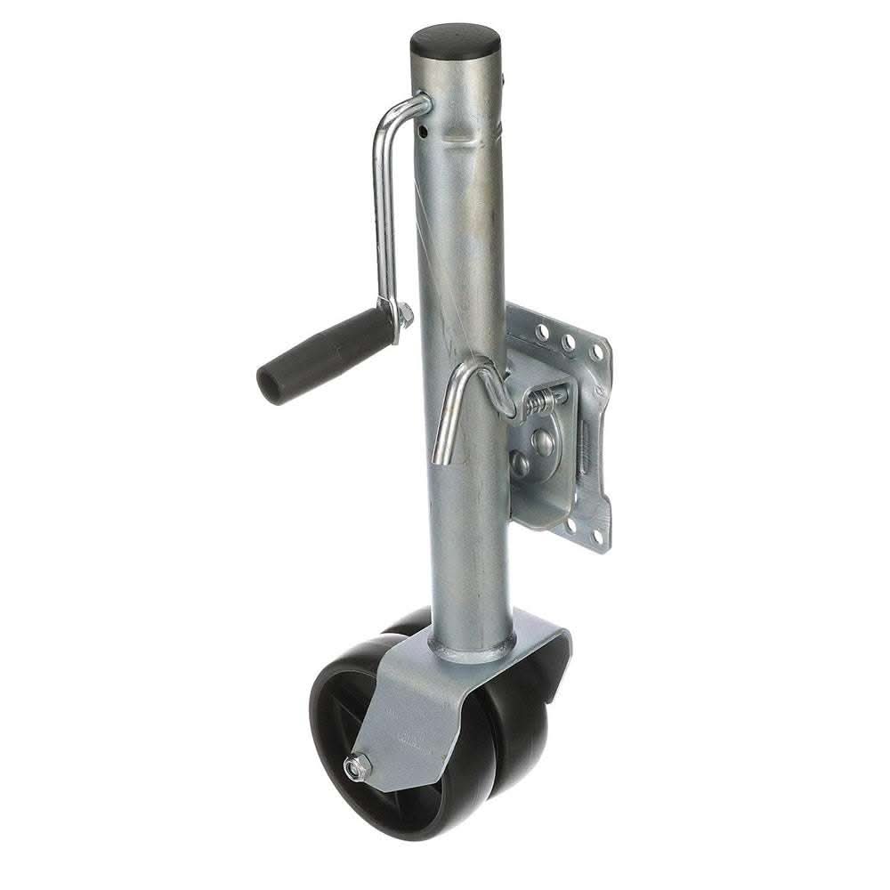 Attwood Fold-Up Trailer Jack with dual 6-inch wheels and 1500 lb capacity, zinc-plated steel, sidewind handle