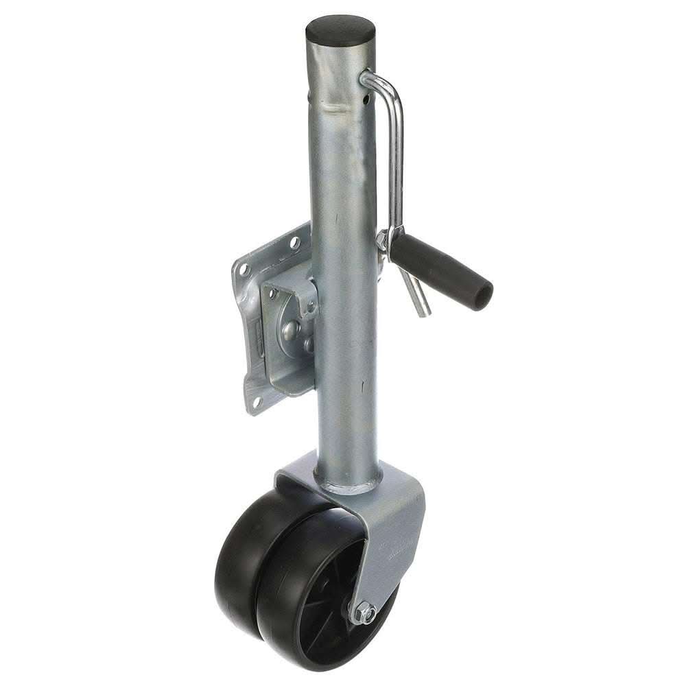 Attwood Fold-Up Trailer Jack with dual wheels and 1500 lb capacity, zinc-plated steel and sidewind handle